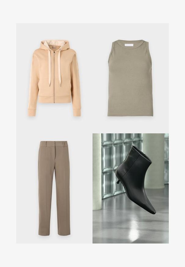 Beige zip-up hættetrøje med kængurulomme, snoretræk og mønstrede detaljer på ærmerne. Fremstillet af blødt, struktureret stof.; Ribbet tanktop i olivengrøn med rund halsudskæring og ærmeløs design. Fremstillet af blødt, elastisk materiale med en tætsiddende pasform.; Klassiske kaki bukser med lige ben, bæltestropper og lynlås foran på hvid baggrund.; Sort læderankelstøvle med spids tå og lav kitten-hæ, vist vinklet mod en poleret gulv- og glasblokvæg.