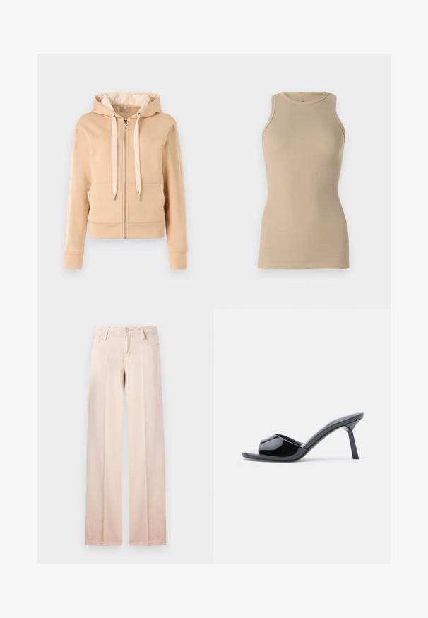 Beige zip-up hættetrøje med kængurulomme, snoretræk og mønstrede detaljer på ærmerne. Fremstillet af blødt, struktureret stof.; Replay Top - stone ivory; Beige bredde ben jeans i en glat bomuldsblanding, fem-lomme design, bæltestropper og en knaplukning. Minimalistisk stil og lys farve.; Sorte laklæder sandaletter med åben tå, der har et buet overdesign og en spids stilethæl. Glat, blank finish.