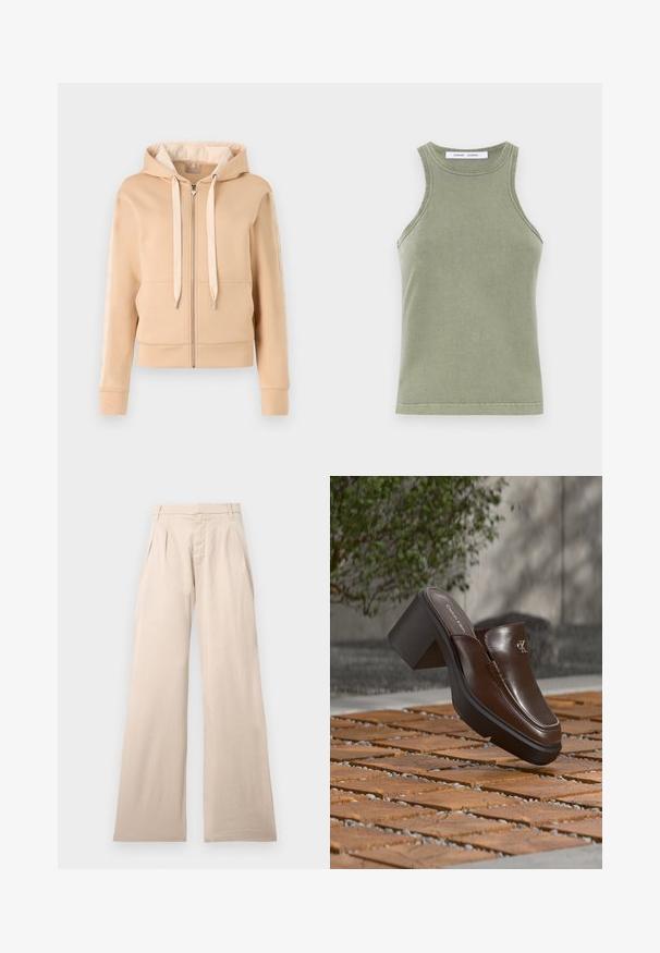 Beige zip-up hættetrøje med kængurulomme, snoretræk og mønstrede detaljer på ærmerne. Fremstillet af blødt, struktureret stof.; Olivengrøn tanktop lavet af blødt bomuld, med rund halsudskæring, ærmeløs design og syede kanter. Enkel, tætsiddende form.; Beige vide bukser lavet af bomuld, med bukser foran og en glat tekstur. Designet inkluderer en standard talje og ingen synlig mønster.; Brun læder Calvin Klein hæl mule svævende over trægulv med en sløret grøn plante og væg baggrund.