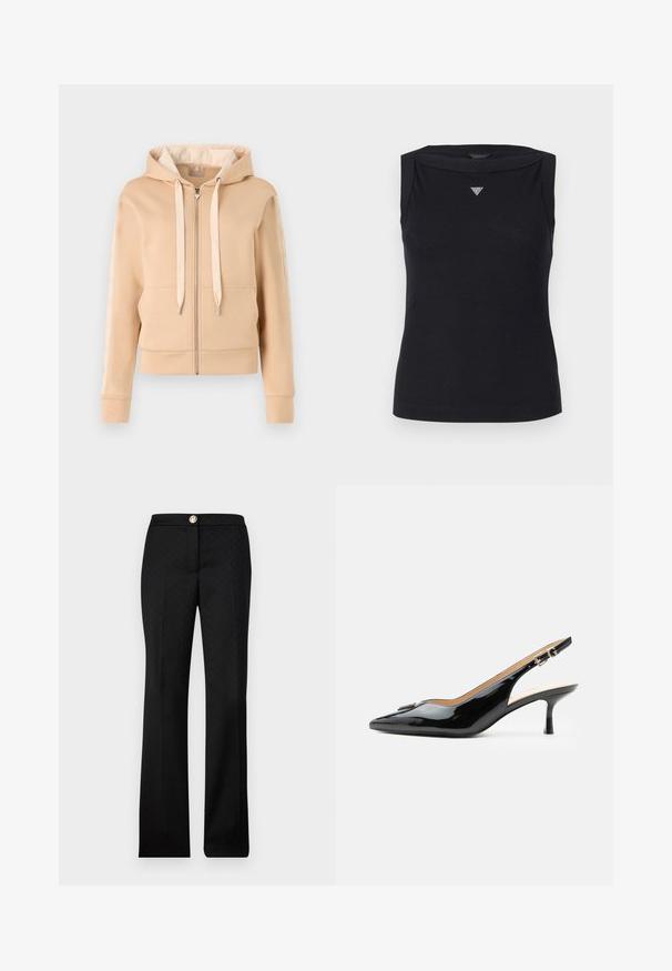 Beige zip-up hættetrøje med kængurulomme, snoretræk og mønstrede detaljer på ærmerne. Fremstillet af blødt, struktureret stof.; Sort ærmeløs top lavet af bomuld, med bådudskæring og et lille krystal trekantlogo på brystet. Glat tekstur.; Sorte skræddersyede bukser med et subtilt geometrisk mønster, lige ben-design og en frontlukning med en metaldetalje.; Sort patentlæder slingback hæl med spids tå, lille kitten hæl og sølvspænde på en ensartet hvid baggrund.