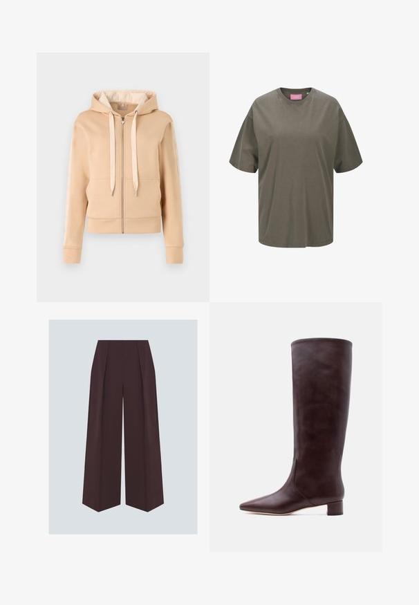 Beige zip-up hættetrøje med kængurulomme, snoretræk og mønstrede detaljer på ærmerne. Fremstillet af blødt, struktureret stof.; Olivengrøn oversized T-shirt lavet af blød bomuld, med en klassisk rund hals og korte ærmer, samt et pink label indeni.; Bredbenede, højtaljede bukser i mørkebrun med forlommer og plisseringer foran mod en ensartet lysegrå baggrund.; Høj brun læderstøvle med spids tå og lav blokhæl, stående opret på en ensartet lys baggrund.