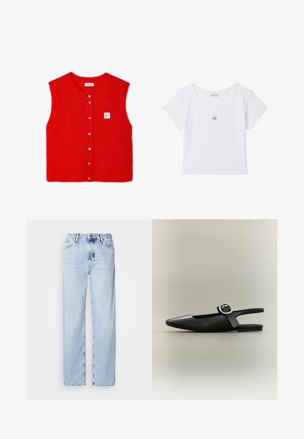 American Vintage EAST - Kardigán - piment chine; Biely krátky top s krátkym rukávom, okrúhlym výstrihom a malým červeno-čiernym logom Calvin Klein v strede na hrudi.; Svetlomodré široké džínsy vyrobené z denimu, s vysokým pásom, vyblednutým umývaním a jemným vzorom batikovania na prednej strane.; Čierna plochá obuv so špicatou špičkou a striebornou prackou na neutrálom pozadí.