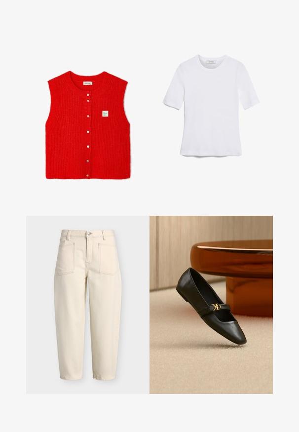 American Vintage EAST - Vest - piment chine; Witte korte mouwen t-shirt van ribstof. Ronde halslijn, normale pasvorm en subtiele stiksels. Geen patronen of grafische elementen.; Beige broek met hoge taille, voorzakken met klep, broekriemlussen, knoopsluiting en rechte pijpen.; Zwarte leren platte schoen met puntige neus en gouden CK-logo op het bandje, geplaatst op een beige tapijt bij een ronde amberbruine tafel.