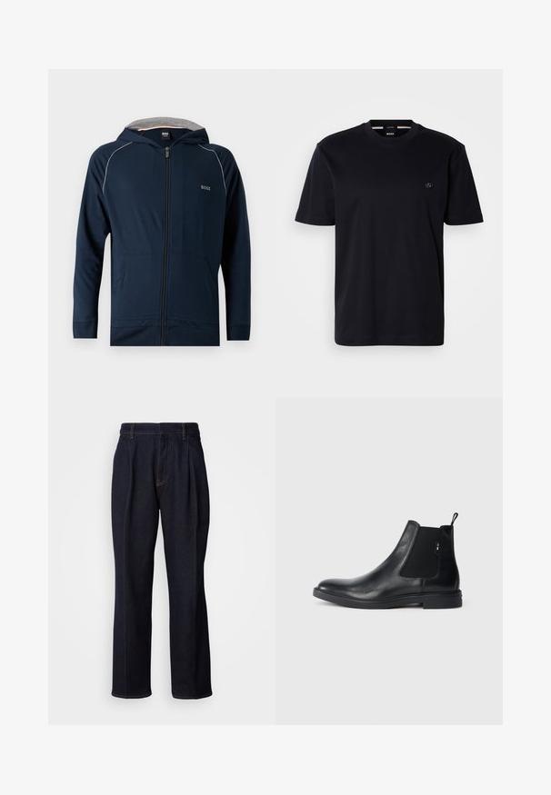 Marineblauwe zip-up hoodie met grijze binnenvoering in de capuchon, frontzakken, subtiele witte bies op de schouders en het "BOSS"-logo op de borst.; Zwart T-shirt met korte mouwen van zacht katoen, met een ronde hals en een klein cirkelvormig logo op de borst. Minimalistisch ontwerp, zonder patronen.; Donkerblauwe denim jeans met wijde pijpen, inclusief voorplooien en oranje stiksels, weergegeven op een witte achtergrond.; Zwarte leren Chelsea-boots met elastische zijpanelen, een treklipje en een vlakke rubberen zool. Gladde textuur met minimale details.