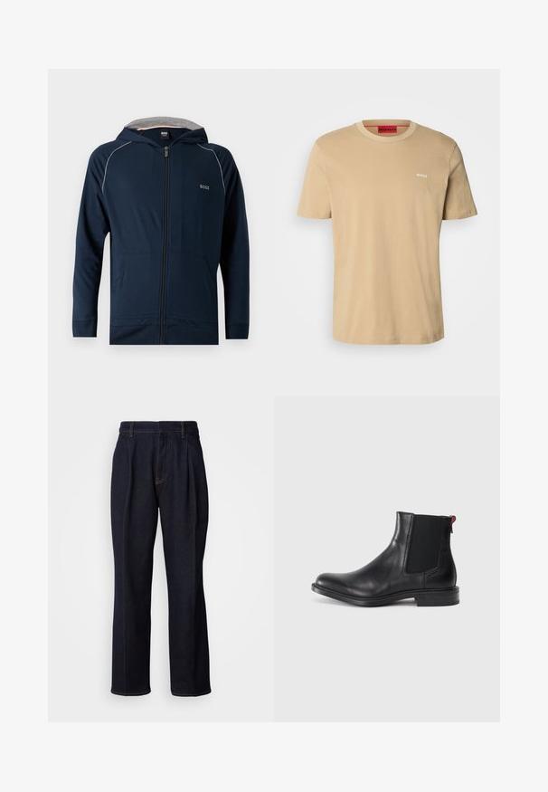 Mørkeblå hættetrøje med lynlås, gråt inderfor i hætten, forlommer, diskret hvid piping på skuldrene og "BOSS" logo på brystet.; Beige bomulds t-shirt med rund halsudskæring, korte ærmer og et lille hvidt "HUGO" logo på brystet. Glat tekstur uden mønstre.; Mørkeblå vidde denim jeans med frontfældninger og orange syninger, vist på hvid baggrund.; Sort læder Chelsea-støvle med elastiske sidepaneler, afrundet tå og lav, stablet hæl. Har en rød løftestrop og subtil branding på siden.