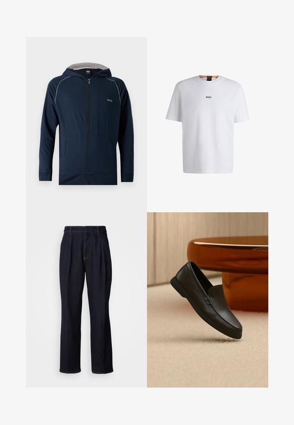 Sudadera con capucha azul marino con cremallera, forro interior gris, bolsillos delanteros, sutil ribete blanco en los hombros y logo "BOSS" en el pecho.; Camiseta de algodón blanca de manga corta, con un logotipo negro "BOSS" centrado en el pecho y un diseño de cuello redondo.; Jeans de mezclilla de pierna ancha en un tono azul oscuro, con pliegues frontales y costuras naranjas, presentados sobre fondo blanco.; Mocasín negro de piel sin cordones exhibido sobre una alfombra beige junto a una mesa de cristal curva color ámbar en una habitación de tonos neutros.