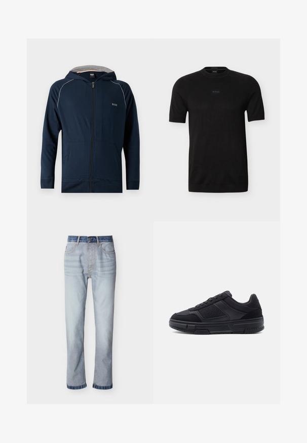 Mørkeblå hættetrøje med lynlås, gråt inderfor i hætten, forlommer, diskret hvid piping på skuldrene og "BOSS" logo på brystet.; Sort kortærmet T-shirt med rund hals og det diskrete "BOSS"-logo centreret på brystet, lavet af fint strikstof.; Lyseblå denimjeans med mørkeblå linning, design med lige ben, fem lommer og synlige syningsdetaljer.; Sort lavtop sneaker med snørelukning foran, teksturerede sidel paneler og tyk gummisål, vist i profil på en ensfarvet baggrund.