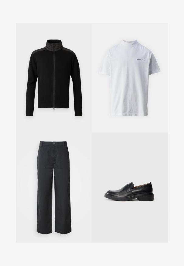 Sort zip-jakke med høj krave, der har teksturerede sorte skulderpaneler samt ribbede manchetter og kant. Glat stoffinish hele vejen igennem.; Hvid bomulds t-shirt med høj halsudskæring og korte ærmer. Har "SAMSØE SAMSØE" logo i sort på forsiden. Glat tekstur.; Bukser med vide ben i mørkeblåt bomuldsstof, der har forlommer foran og lukning med knap. Glat tekstur med et minimalistisk design.; Sorte læder slip-on dress sko med lav hæl og subtil Calvin Klein logo på siden, vist i profil på en hvid baggrund.