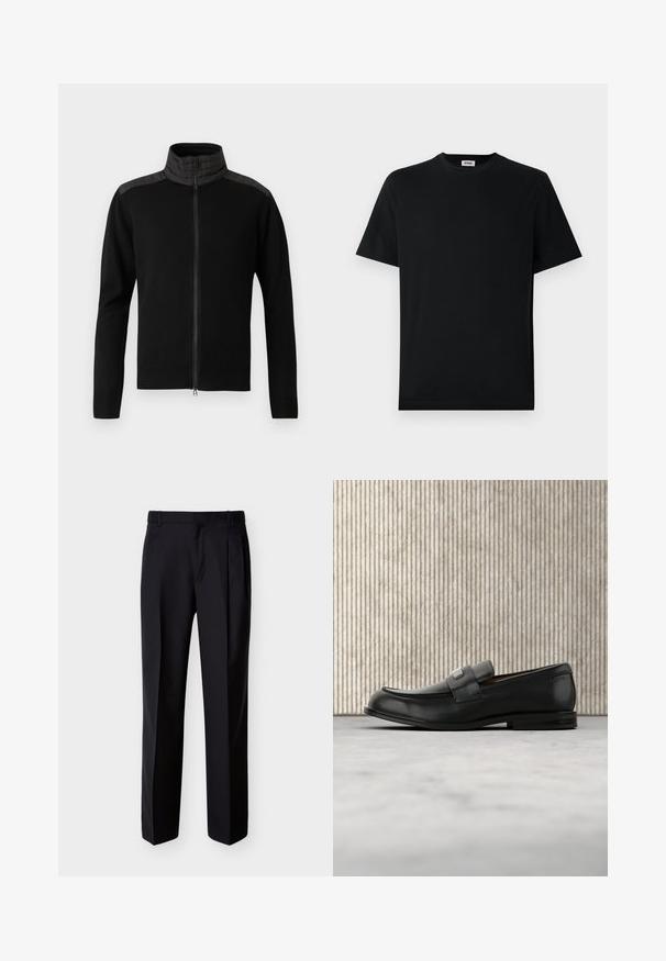 Sort zip-jakke med høj krave, der har teksturerede sorte skulderpaneler samt ribbede manchetter og kant. Glat stoffinish hele vejen igennem.; Simpel sort kortærmet T-shirt med rund hals, præsenteret fladt mod en hvid baggrund, med et lille mærke syet ind i kraven.; Sorte skræddersyede bukser med lige snit, foldet forstykke og sidelommer. Fremstillet af et glat, let stof med et ensartet mønster.; Sort læderloafer med metalbrandskilt hvilende nær et brunt rundt bord på beige tæppe.