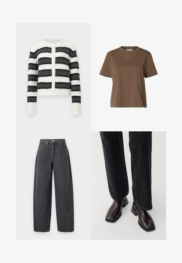 Gilet rayé en tissu doux et texturé. Présente des rayures horizontales noires et blanches alternées, un col rond et une fermeture à boutons.; T-shirt marron à manches courtes et col rond, en tissu uni, coupe décontractée avec peu de coutures.; Jean en denim noir taille haute avec jambes larges, poches avant, passants de ceinture et fermeture par bouton métallique sur un fond uni.; Bottines en cuir marron avec un orteil carré et un talon carré, associées à un jeans noir à jambes larges. Texture lisse et design minimaliste.