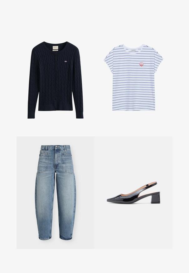 Marineblauer, kabelgestrickter Knopf-Cardigan mit langen Ärmeln und kleinem gesticktem Logo auf der linken Brust.; Weißes Baumwoll-T-Shirt mit navyblauen horizontalen Streifen, Rundhals und kurzen Ärmeln. Auf der linken Brust befindet sich eine rote Muschelestickerei.; Hellblaue Denim-Jeans mit weitem Bein, hoher Taille, aufgesetzten Taschen vorne, Knopfverschluss und ausgewaschenen Details.; Schwarzer Slingback-Pumps aus Lackleder mit spitz zulaufender Schuhspitze und stabilem Blockabsatz, seitlich mit Ausschnittdetail.