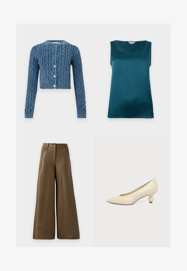 Strikket blå cropped cardigan med kabelmønster, rund halsudskæring og fem knaplukninger. Lange ærmer med ribbede manchetter og bund.; Ærmeløs teal satinbluse med rundet halsudskæring og glat, blank stoftekstur, lagt fladt på en hvid baggrund.; Breddebenede bukser lavet af glat, brun kunstlæder. Har højt talje, fire lommer og en lynlås foran. Flad tekstur og minimalistisk design.; Kremfarvet damesko med spids snude og lav hæl, hvor hælen er rund og kugleformet, på en ensfarvet baggrund.
