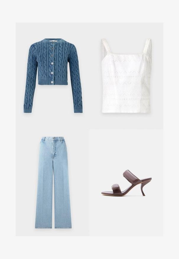 Strikket blå cropped cardigan med kabelmønster, rund halsudskæring og fem knaplukninger. Lange ærmer med ribbede manchetter og bund.; Hvid bomulds cami-top med tynde stropper, prydet med broderede mønstre og udskæringer. Glat tekstur, tætsiddende design.; Lyseblå bredbenede jeans lavet af denim med høj talje, som har fem bæltestropper, en frontknaplukning og stikninger.; Brun læder sandal med åbne tæer, høj hæl med to polstrede stropper og buet stilet hæl, vist mod en hvid baggrund.