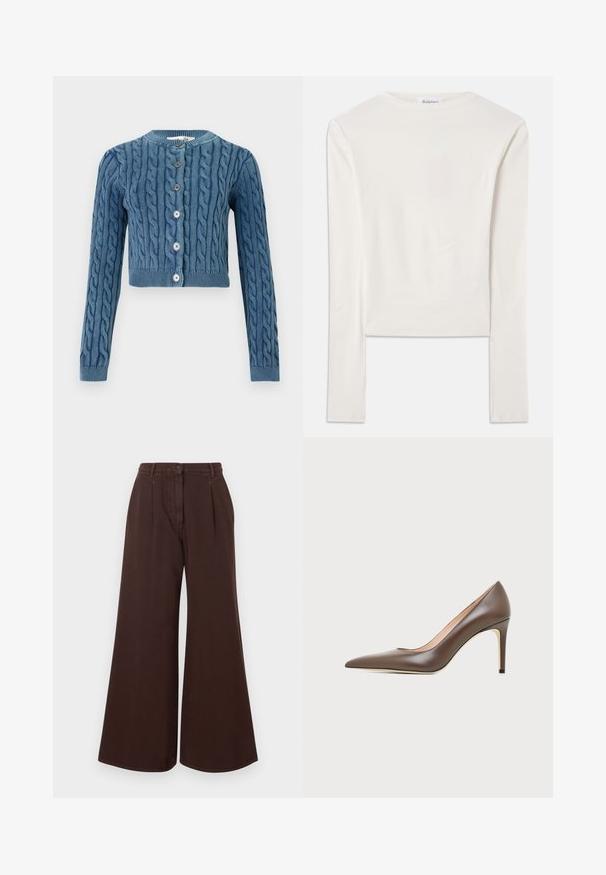 Strikket blå cropped cardigan med kabelmønster, rund halsudskæring og fem knaplukninger. Lange ærmer med ribbede manchetter og bund.; Hvid langærmet top lavet af bomuld, med en simpel rund hals og en slim fit. Stof er glat med en let stræk.; Højtsiddende, brede brune bukser med knap- og lynlåslukning, bæltestropper og forkantede folder.; Brun læder peptået højhælet sko med en slank stilethæl og glat finish på en lys baggrund.