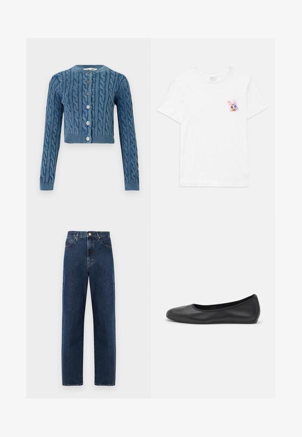 Strikket blå cropped cardigan med kabelmønster, rund halsudskæring og fem knaplukninger. Lange ærmer med ribbede manchetter og bund.; Hvid bomulds T-shirt med et flerfarvet broderet kanin design på venstre bryst. Korte ærmer og rund halsudskæring.; Mørkeblå denimjeans med et lige ben design, høj talje og frontknaplukning. Har subtil kontrastsyning og klassisk femlomme stil.; Sort læderballetsko med rund tå, glat tekstur, minimal syning og et fleksibelt såldesign.