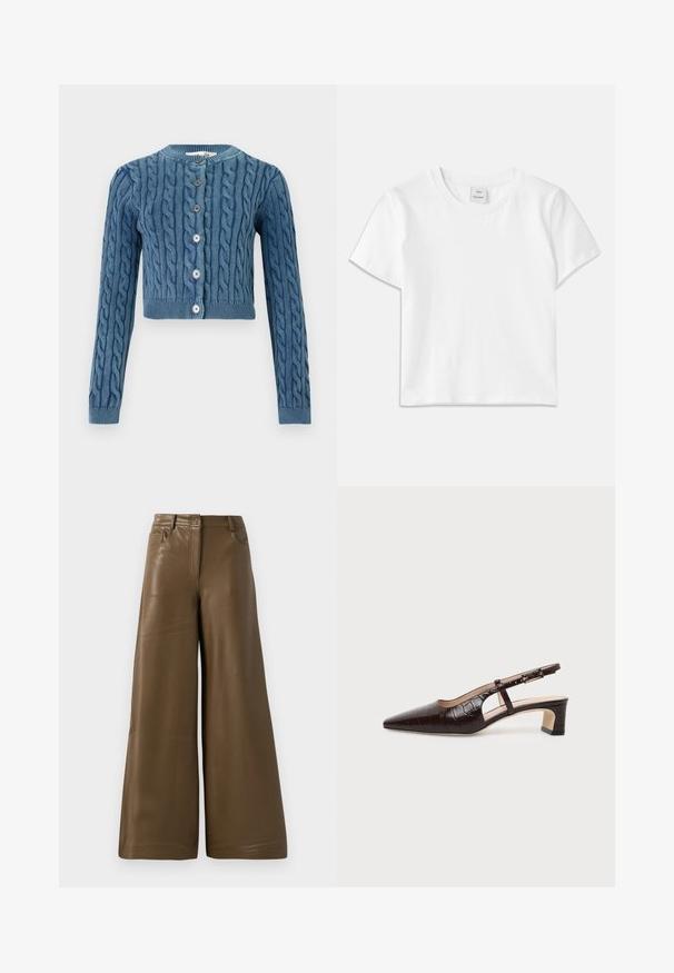 Strikket blå cropped cardigan med kabelmønster, rund halsudskæring og fem knaplukninger. Lange ærmer med ribbede manchetter og bund.; Hvid bomulds-t-shirt med rund hals, korte ærmer og lige kant. Mærke med teksten "Won Hundred" placeret i midten af halsudskæringen.; Breddebenede bukser lavet af glat, brun kunstlæder. Har højt talje, fire lommer og en lynlås foran. Flad tekstur og minimalistisk design.; Mørkebrune slingback sko i krokodillelæder med spids tå, lav blokhæl og justerbar rem med guldfarvet spænde.