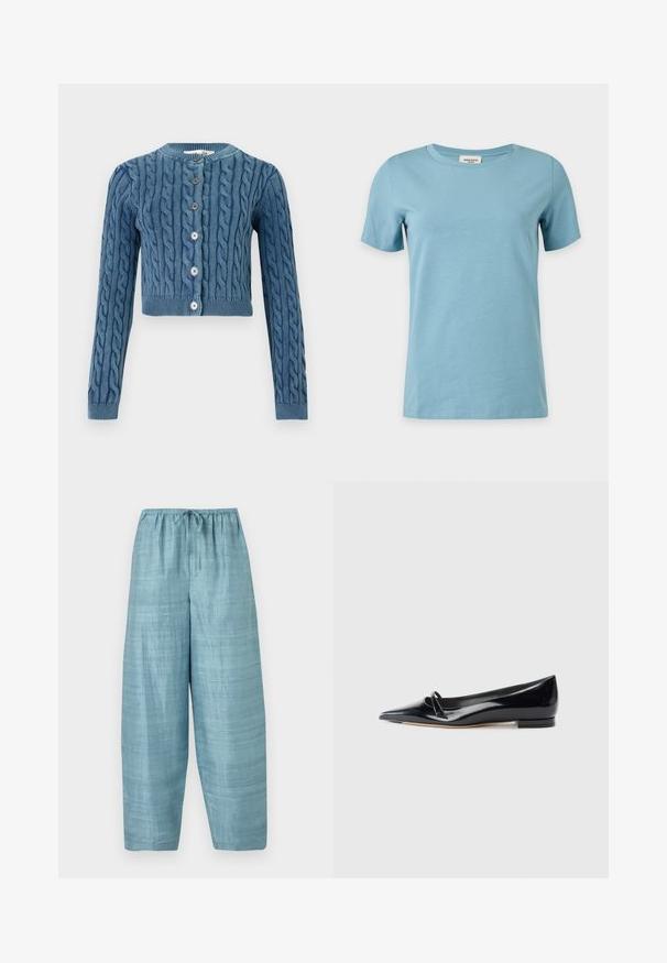 Gebreide blauwe cropped cardigan met een kabelpatroon, ronde halslijn en sluiting met vijf knopen. Lange mouwen met geribde manchetten en zoom.; Lichtblauw T-shirt met korte mouwen en ronde hals met een eenvoudig, effen ontwerp, getoond tegen een witte achtergrond.; Lichtblauwe wijd toelopende broek met een getextureerde stof, elastische tailleband en een vooraan gestrikte koord, plat uitgestald tegen een lichte achtergrond.; Zwarte gepatenteerde leren platte schoen met een puntige neus, een kleine decoratieve band en een lage blokhak. Gladde textuur en strak ontwerp.