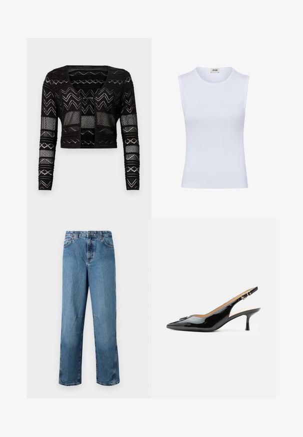 Zwarte cropped cardigan met een gehaakt ontwerp en geometrische patronen, lange mouwen en een V-hals. Gemaakt van een lichtgewicht, gestructureerde stof.; Witte mouwloze geribde tanktop met ronde halslijn en merklabel DRYKORN binnenin de kraag.; Lichtblauwe denim jeans met een rechte snit, voorzien van gestikte zakken, een knoopsluiting aan de voorkant en een minimale vervaging van de stof.; Zwarte lakleren slingback hak met spitse neus, kleine kittenhak en zilveren gespsluiting op een effen witte achtergrond.