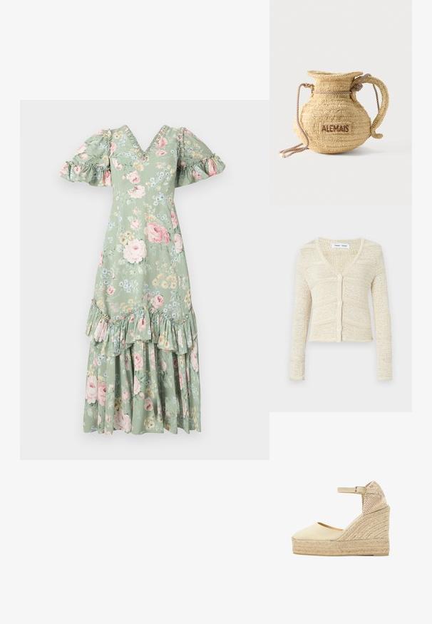 Strikket cardigan i beige med V-hals, lange ærmer og fem-knaps lukning. Har et tekstureret mønster og cropped design.; Blomstret maxi-kjole i blød grøn med V-hals, puf ærmer, flæsedetaljer og et tieret kant. Har pink roser og små blå blomster.; Beige kileespadrille med flettet juteplatform, lukket tå, ankelrem med spænde og struktureret hælkappe i neutrale toner.; Rund flettet stråtaske med håndtag af reb og "ALEMAIS" broderet på siden med brunt garn.