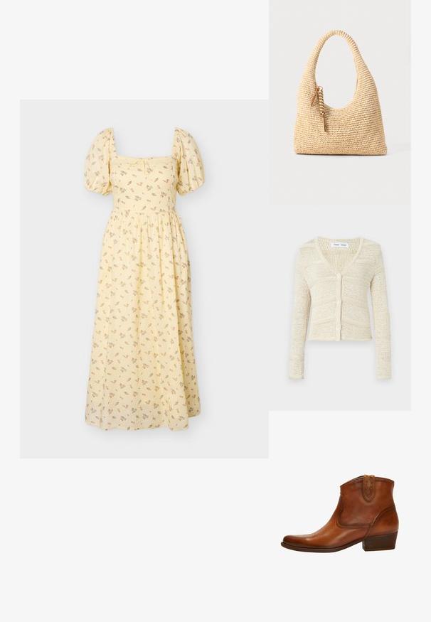 Strikket cardigan i beige med V-hals, lange ærmer og fem-knaps lukning. Har et tekstureret mønster og cropped design.; Gul midi-kjole med pufærmer, firkantet udskæring, delikat blomsterprint og rynket talje.; Brun læder ankelstøvle med spids tå, dekorativ syning og en lav stablet hæl; har en mellemhøj skaft og trækstropper.; Vævet beige håndtaske med et buet håndtag, struktureret overflade og en brun frynse detalje. Har en afslappet, hobo-form.