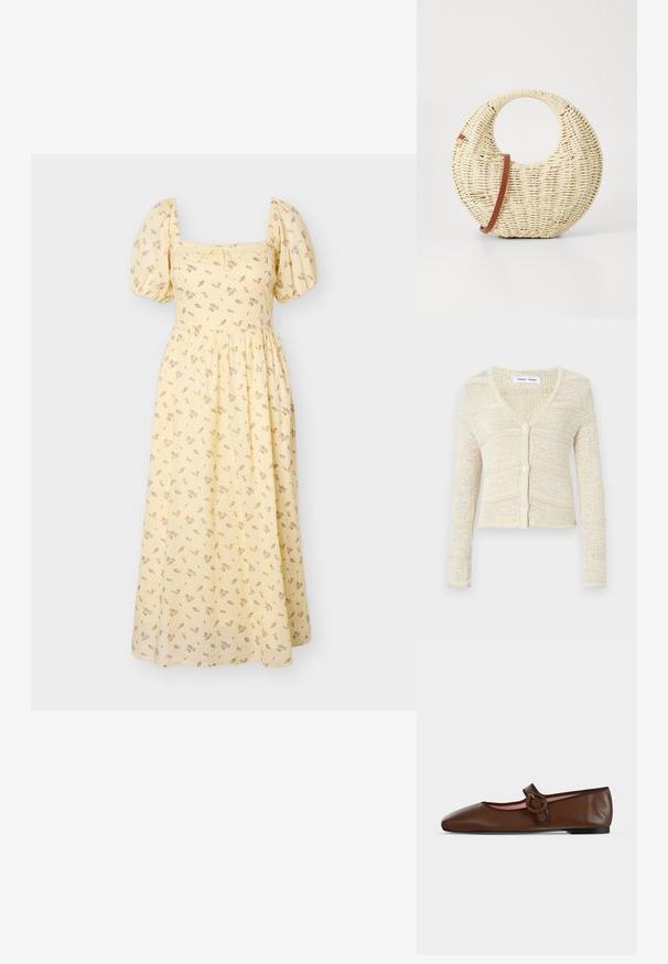 Strikket cardigan i beige med V-hals, lange ærmer og fem-knaps lukning. Har et tekstureret mønster og cropped design.; Gul midi-kjole med pufærmer, firkantet udskæring, delikat blomsterprint og rynket talje.; Brun flad Mary Jane-sko i læder med rund spænde og sort sål på en lysegrå baggrund.; Rund flettet taske i naturligt strå med en tekstureret overflade. Har en glat brun læderrem og et cirkulært håndtag.