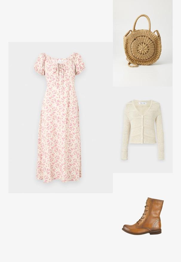Strikket cardigan i beige med V-hals, lange ærmer og fem-knaps lukning. Har et tekstureret mønster og cropped design.; Creme midi-kjole med pink blomstermønster, puff ærmer, firkantet udskæring og bindedetalje foran.; Brune læder ankelstøvler med en glat overflade, rund tå, seks snørehuller og et subtilt præget logo på hælen.; ONLY ONLPENELOPE BEACH ROUND CROSSOBODY - Skuldertasker - toasted coconut
