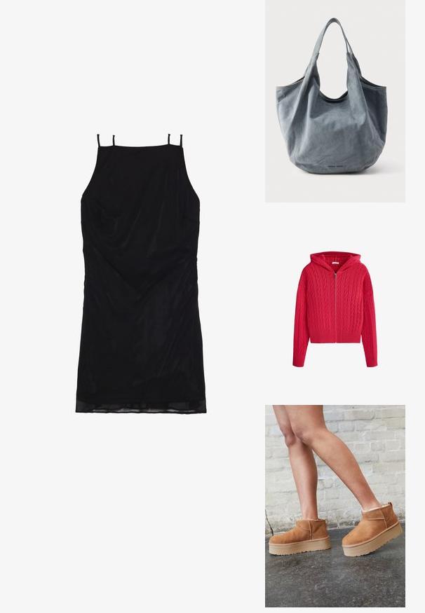 Sweat à capuche rouge en maille torsadée avec fermeture éclair, manches longues, poignets et ourlet côtelés, présenté sur fond blanc.; Robe noire sans manches en tissu lisse, dotée de fines bretelles et d'un design drapé avec un ourlet subtilement courbé.; Bottines en suède marron avec une doublure en peluche, semelle épaisse en beige et une poignée à l'arrière. Surface texturée avec des détails de couture visibles.; Sac cabas en daim gris doux avec un haut ouvert, une silhouette structurée et deux poignées courbes. Présente des coutures sans couture et une texture lisse.