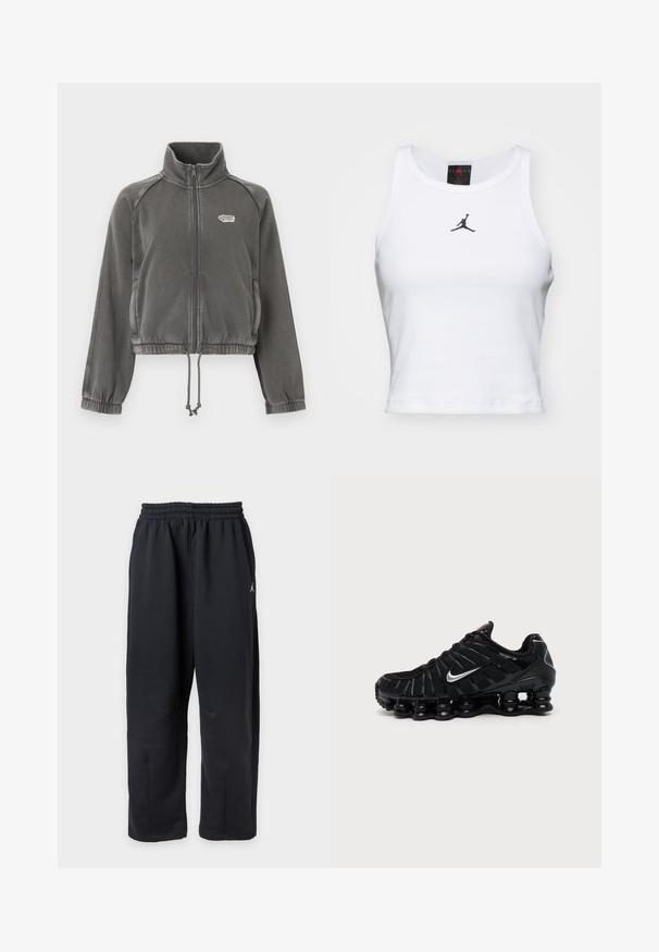 Veste zippée en polaire gris foncé avec col montant, poignets élastiques, ourlet avec cordon de serrage et petit logo blanc sur le côté gauche de la poitrine.; Débardeur court blanc en coton avec une texture côtelée. Présente un logo Jordan noir au centre et une encolure ras du cou classique.; Pantalon de survêtement noir à coupe ample avec taille élastique et petit logo blanc sur le côté droit.; Chaussure de sport Nike noire avec logo Swoosh argenté, tige en mesh et synthétique, et semelle coussinée segmentée distinctive.