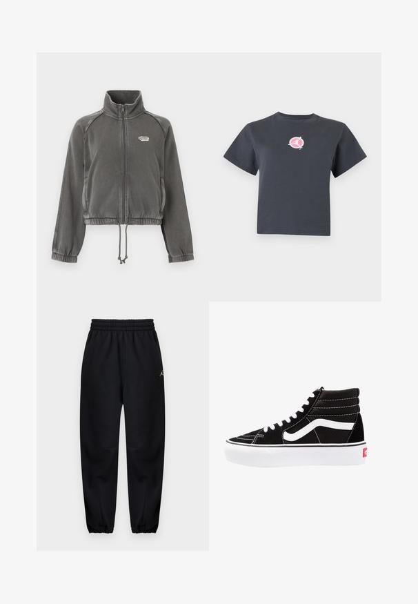 Veste zippée en polaire gris foncé avec col montant, poignets élastiques, ourlet avec cordon de serrage et petit logo blanc sur le côté gauche de la poitrine.; T-shirt court gris foncé à manches courtes avec un petit logo rond rose et blanc représentant une silhouette d'une personne en mouvement sur la poitrine.; Pantalon de jogging noir fuselé avec ceinture et poignets élastiques, petit logo sur la partie supérieure de la cuisse, poches avant, texture de tissu lisse.; Baskets montantes noires avec des lacets blancs, un logo blanc et des coutures blanches contrastées. Dotées d'une épaisse semelle blanche et d'un dessus en daim texturé.