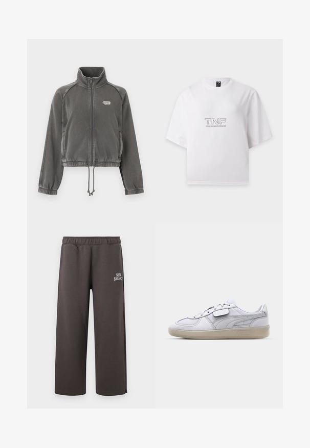 Veste zippée en polaire gris foncé avec col montant, poignets élastiques, ourlet avec cordon de serrage et petit logo blanc sur le côté gauche de la poitrine.; T-shirt blanc à manches courtes avec "TNF" et "THE NORTH FACE" imprimés en noir sur la poitrine, présenté à plat sur fond blanc.; Pantalon de survêtement gris foncé à jambes droites avec taille élastique et petit logo blanc « New Balance » sur la cuisse droite.; Baskets blanches en cuir avec des accents gris, fermeture à lacets et semelle en caoutchouc texturée. Présente un logo bien en vue sur le côté.