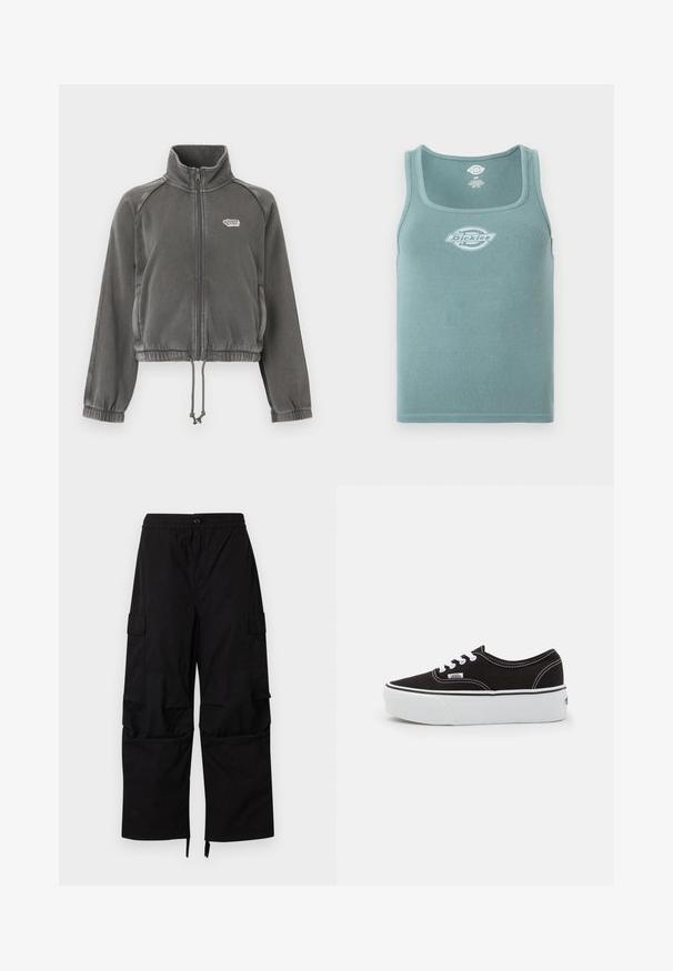 Veste zippée en polaire gris foncé avec col montant, poignets élastiques, ourlet avec cordon de serrage et petit logo blanc sur le côté gauche de la poitrine.; Débardeur côtelé sans manches en teal atténué avec un décolleté carré et un logo Dickies blanc centré sur la poitrine.; Pantalon cargo noir avec taille élastique, fermeture à boutons, poches latérales à rabat, et jambes larges et droites avec ourlets ajustables.; Baskets en toile noires avec une semelle en caoutchouc blanc, dotées de lacets et de coutures blanches, marquage emblématique sur le côté, design basse.