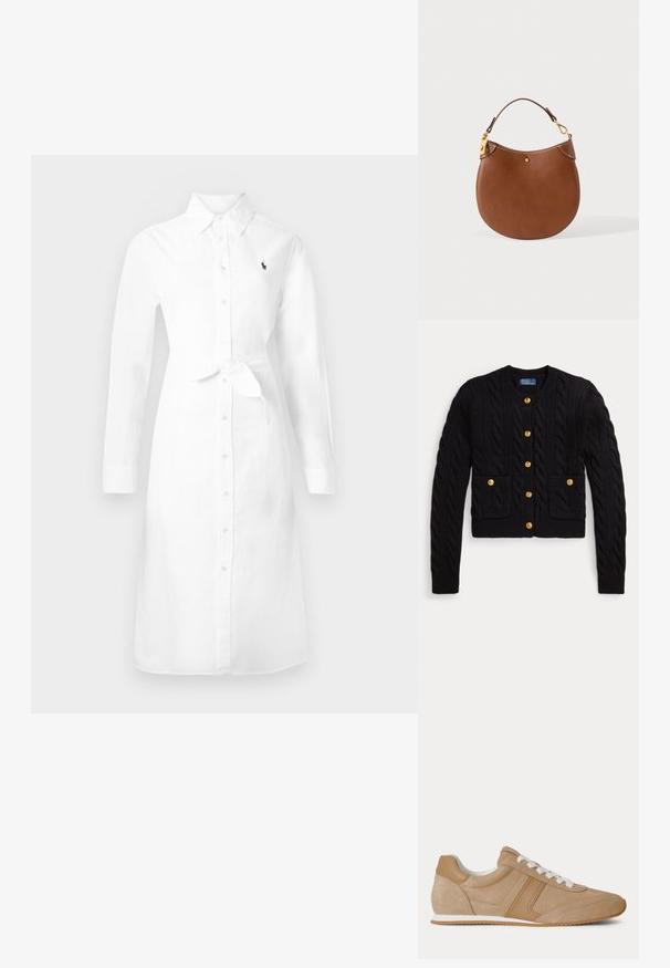 Sort kabelstrikket cardigan med guldknapper foran og på to forlommer, med ribbet rund halsudskæring og manchetter.; Lang hvid skjortekjole med lange ærmer, krave, bindebånd i taljen og lille mørkt logo på venstre bryst.; Lysebrun ruskind og læder lavtop-sneaker med hvide snørebånd og hvid gummisål vist fra siden på en hvid baggrund.; Brun læderhåndtaske med afrundet bund, enkelt kort rem og lynlås- og knapdetaljer i guldfarve på ensfarvet baggrund.