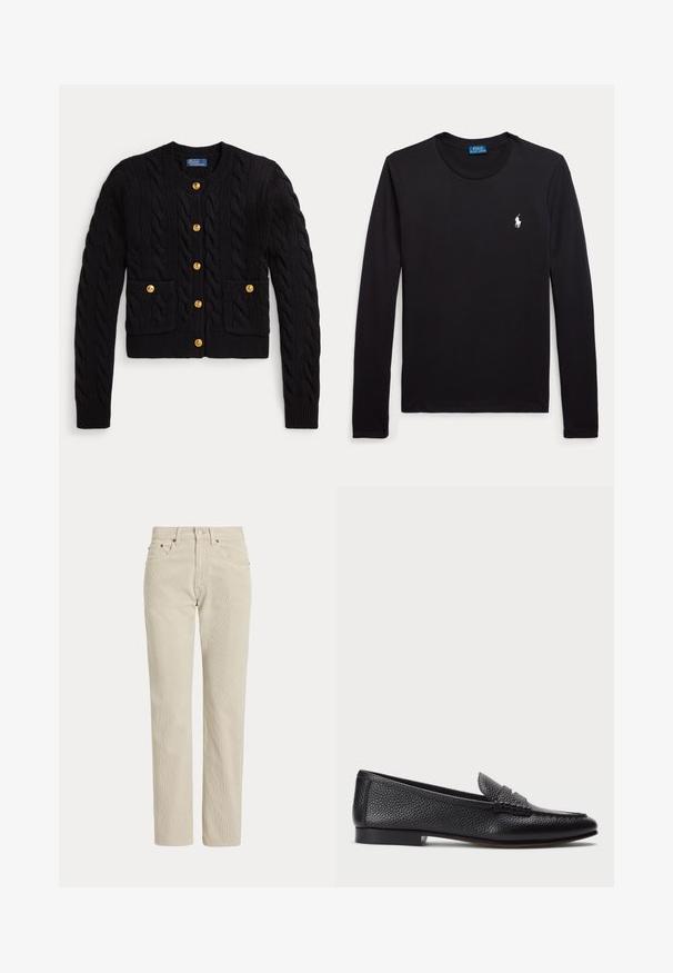 Zwarte kabelgebreide cardigan met gouden knopen aan de voorkant en op twee voorzakken, met een geribde ronde hals en manchetten.; Zwart shirt met lange mouwen en ronde hals, met klein wit Polo Ralph Lauren paardlogo op de linkerborst.; Beige corduroy broek met rechte pijpen, riemlussen, knoop aan de voorkant, ritssluiting en voorzakken.; Zwarte leren instapper met een gestructureerde afwerking, voorzien van een decoratieve band en platte hak. Slank, minimalistisch ontwerp met een ronde neus.