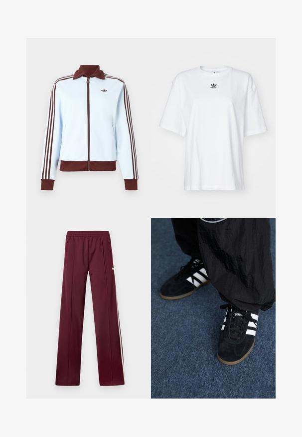 Casaco azul-claro com fecho de correr, gola castanha, punhos, barra e três riscas castanhas em cada manga, com um pequeno logótipo castanho no peito.; Camiseta branca de manga curta feita de algodão. Apresenta um decote redondo e um pequeno logotipo preto da Adidas no peito. Barra reta.; Calças de treino bordeaux com cintura elástica, bolsos laterais com fecho de correr, riscas laterais brancas e um pequeno logótipo branco da Adidas na parte exterior da coxa direita.; Tênis atléticos em camurça preta com três listras brancas e cadarços pretos. Uma calça preta texturizada é parcialmente visível ao lado dos tênis.