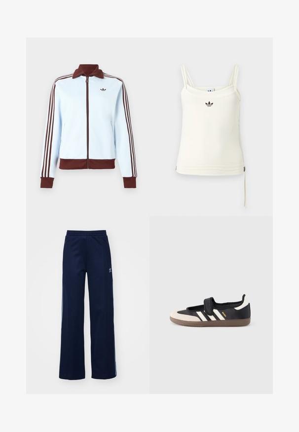 Casaco azul-claro com fecho de correr, gola castanha, punhos, barra e três riscas castanhas em cada manga, com um pequeno logótipo castanho no peito.; Top creme sem mangas com alças finas; logo da Adidas a preto no peito. Tecido liso com detalhe de cordão na bainha. Design simples.; Calças de fato de treino em mistura de algodão azul marinho, com um design de perna larga, cintura elástica e bolsos com fecho, apresentando riscas laterais brancas e detalhe de logótipo.; Sapatilha preta e bege com uma faixa de velcro, três riscas brancas ao lado e uma sola de borracha castanha texturizada. Logótipo da marca visível.