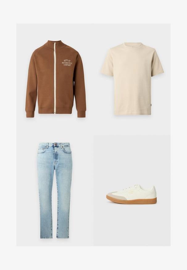 Chaqueta marrón con cremallera y cuello alzado, que presenta una cremallera crema y el logo "REPLAY MOTORCYCLE COMPANY" en beige claro en el pecho.; Camiseta de algodón beige de manga corta con cuello redondo, costuras mínimas y un pequeño logo tonal en el pecho izquierdo.; Pantalones vaqueros de mezclilla azul claro con corte recto, diseño de cinco bolsillos y cierre con botón de latón. Presentan un sutil desgaste y detalles de costura.; Zapatilla de cuero blanca con puntera beige y suela de goma marrón claro. Presenta cordones planos blancos y una marca en relieve en el lateral.