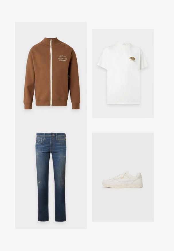 Chaqueta marrón con cremallera y cuello alzado, que presenta una cremallera crema y el logo "REPLAY MOTORCYCLE COMPANY" en beige claro en el pecho.; Camiseta blanca de manga corta con pequeño logo en marrón y negro "Replay The Denim Goods Superior Standard" en el pecho izquierdo.; Jeans de mezclilla azul oscuro con pierna recta, que presentan áreas desgastadas, un ligero desvanecimiento y un diseño tradicional de cinco bolsillos con cierre de botón.; Zapatilla blanca de cuero con una textura suave, que presenta acentos perforados, cierre de cordones en la parte delantera y un sutil logotipo en dorado cerca del lateral.