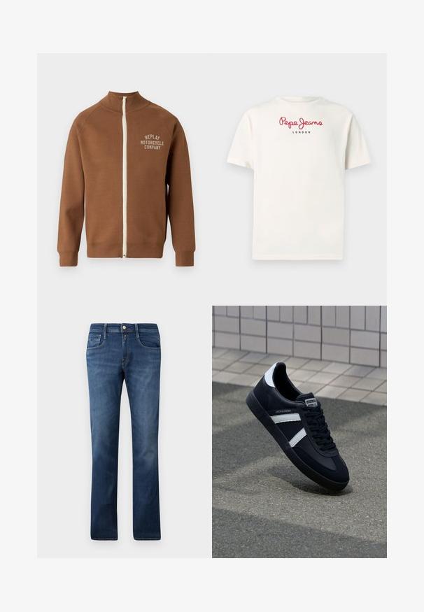 Chaqueta marrón con cremallera y cuello alzado, que presenta una cremallera crema y el logo "REPLAY MOTORCYCLE COMPANY" en beige claro en el pecho.; Camiseta blanca de algodón con mangas cortas. Logo destacado en letras rojas que dice "Pepe Jeans" encima de "LONDON" en negro. Diseño simple y casual.; Jeans de mezclilla azul con un diseño de pierna recta, que cuentan con bolsillos frontales, cremallera y cierre de botón. Lavado medio con un ligero desgastado.; Zapatilla de cuero negra con rayas blancas, suela de goma texturizada y parte frontal con cordones. Cuenta con una etiqueta de marca en la lengüeta.