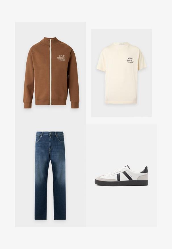 Chaqueta marrón con cremallera y cuello alzado, que presenta una cremallera crema y el logo "REPLAY MOTORCYCLE COMPANY" en beige claro en el pecho.; Camiseta de manga corta de color crema con texto negro "REPLAY Squadra Corse ADRENALINA" en el pecho izquierdo y cuello redondo.; Jeans de mezclilla azul oscuro con diseño de pierna recta. Incluye bolsillos frontales, cremallera y un leve desteñido hacia el dobladillo.; Zapatilla blanca con acentos en negro y gris, que presenta una puntera texturizada en gris, suela de goma negra y cordones planos blancos. Diseño limpio, estilo minimalista.