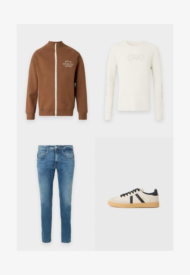 Chaqueta marrón con cremallera y cuello alzado, que presenta una cremallera crema y el logo "REPLAY MOTORCYCLE COMPANY" en beige claro en el pecho.; Camiseta de manga larga color crema con tejido acanalado y "DODGE DEMON" bordado en el frente, con gráficos impresos en la manga derecha. Textura suave.; Vaqueros de mezclilla en azul claro con diseño de pierna recta. Cuenta con cinco bolsillos, cierre de botones y costuras en contraste a lo largo de las costuras.; Zapatillas casuales en crema con rayas negras, con parte superior texturizada y suela de goma. Los cordones son negros. Logo sutil en el costado.