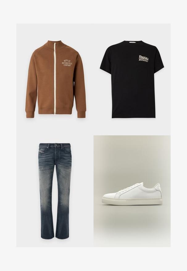 Chaqueta marrón con cremallera y cuello alzado, que presenta una cremallera crema y el logo "REPLAY MOTORCYCLE COMPANY" en beige claro en el pecho.; Camiseta negra de manga corta con "Replay Motocicli" impreso en blanco en la zona izquierda del pecho.; Vaqueros de pierna recta en denim azul oscuro lavado claro con secciones desteñidas, sutiles arrugas y detalles desgastados. Cierre con botones y cinco bolsillos.; Zapatilla blanca de perfil bajo con cordones en la parte delantera y suela gruesa, mostrada de lado sobre un fondo neutro.