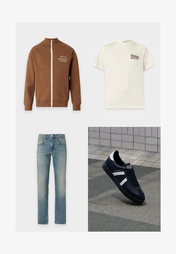 Chaqueta marrón con cremallera y cuello alzado, que presenta una cremallera crema y el logo "REPLAY MOTORCYCLE COMPANY" en beige claro en el pecho.; Camiseta de manga corta color crema con cuello redondo y "Replay Motocicli" impreso en pequeñas letras oscuras en el pecho izquierdo.; Vaqueros de mezclilla azul de pierna recta con lavado desgastado, cinco bolsillos y cierre de botón sobre fondo blanco.; Zapatilla de cuero negra con rayas blancas, suela de goma texturizada y parte frontal con cordones. Cuenta con una etiqueta de marca en la lengüeta.