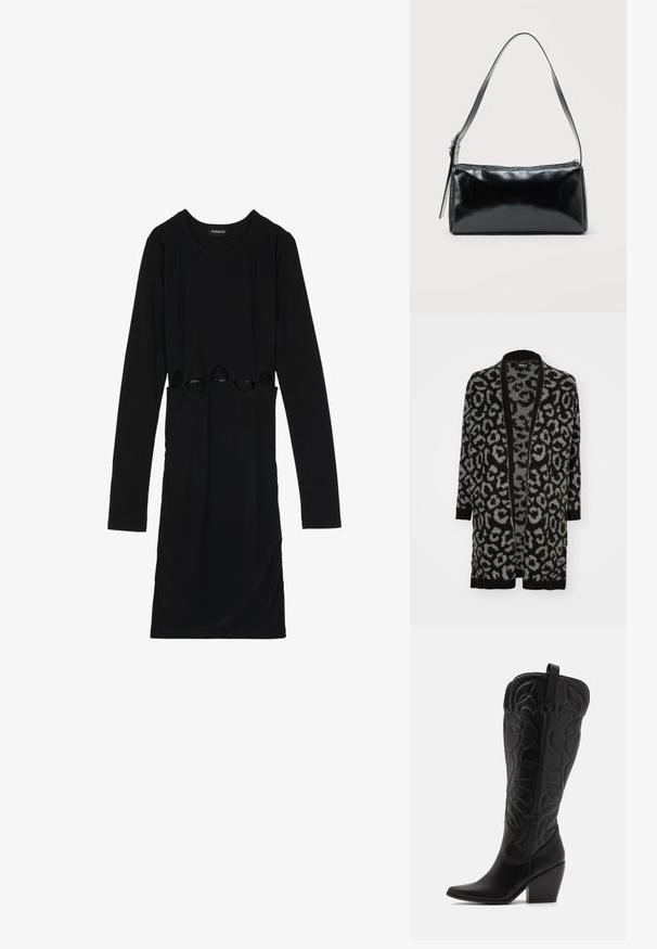 Zwarte en grijze luipaardprint cardigan met een open voorkant, lange mouwen, ribgebreide randen en een zachte brei-textuur.; Even&Odd by Zalando Jerseyjurk - black; Zwarte leren kniehoge laarzen met puntige neus en gestapelde hak. Voorzien van decoratief stiksel en gebogen designelementen.; Zwarte rechthoekige schoudertas met een enkele verstelbare band en een bovenste ritssluiting op een effen achtergrond.