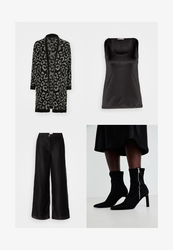 Zwarte en grijze luipaardprint cardigan met een open voorkant, lange mouwen, ribgebreide randen en een zachte brei-textuur.; Anna Field Top - black; Zwarte wijde broek van een gemêleerde mesh stof, met een knoopsluiting en zijsplitten voor ademend vermogen en stijl.; Zwarte enkellaarsjes met een rekbare stoffen bovenkant, een spitse neus en een rits aan de zijkant, geplaatst op een slanke hoge hak.