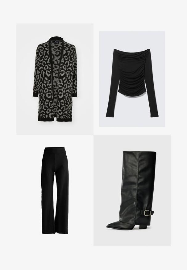 Sort og grå leopardprint cardigan med åben front, lange ærmer, ribbede kanter og en blød strikket tekstur.; Sort langærmet off-shoulder top med rynkede detaljer foran og en tætsiddende silhuet mod en ensfarvet baggrund.; Sorte viddebenede bukser med høj talje, uden synlige lommer eller pynt, præsenteret på en hvid baggrund.; Sorte læder ankelstøvler i ankellængde med spids tå, glat tekstur og en sølvspændeaccents på siden. Kraftig firkantet hæl.
