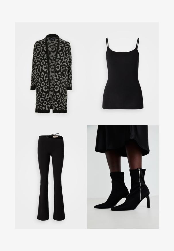 Sort og grå leopardprint cardigan med åben front, lange ærmer, ribbede kanter og en blød strikket tekstur.; Sort camisole-top med tynde justerbare stropper, glat elastisk stof og en tæt silhuet. Ingen mønstre eller pynt.; Sorte flagrende bukser lavet af blødt stof med elastisk talje og en glat overflade, designet til at sidde stramt omkring låret og flare ved kanten.; Sorte ankelstøvler med en strækbart stofoverdel, spids tå og en sidelukning med lynlås, sat på en slank, høj hæl.