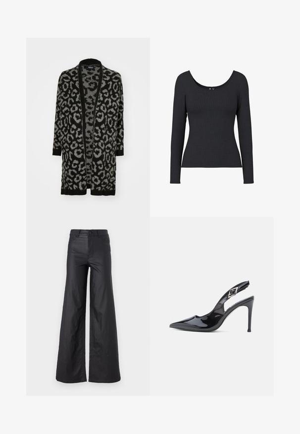 Sort og grå leopardprint cardigan med åben front, lange ærmer, ribbede kanter og en blød strikket tekstur.; Sort ribbet langærmet top med en rund halsudskæring. Materialet er blødt og strækbart, og har en vertikal ribstruktur over hele toppen.; Sorte, vidde bukser i et materiale der ligner læder. Har høj talje, bæltestropper, to forlommer og stiksyninger.; Sorte spidse slingback-højhælede sko i laklæder med et slankt design, 10 cm stilethæl og en dekorativ spænde.