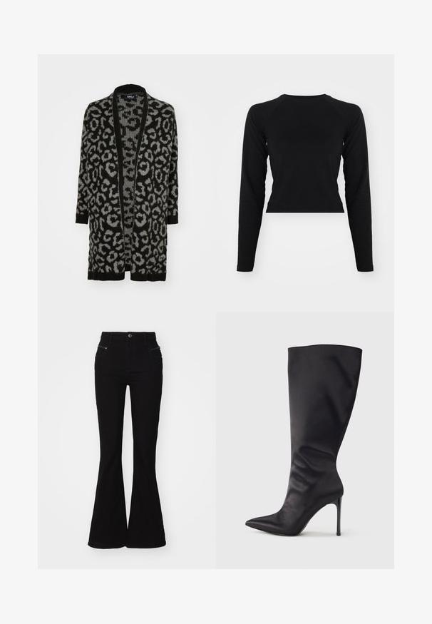 Sort og grå leopardprint cardigan med åben front, lange ærmer, ribbede kanter og en blød strikket tekstur.; Sort langærmet crop top med rund hals og raglanærmer. Glat tekstur, minimalistisk design og ingen synlige mønstre eller hardware.; Sorte buks med bred benåbning og høj talje, med forlommer og lynlåsdetaljer. Lavet af denim med en glat overflade.; Sort knæhøj stiletstøvle lavet af glat, glansfuldt materiale; spids tå; tætsiddende pasform med let samling nær anklen; skinnende hæl.