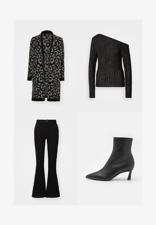 Sort og grå leopardprint cardigan med åben front, lange ærmer, ribbede kanter og en blød strikket tekstur.; Sort langærmet top med asymmetrisk halsudskæring, der har et zebra-stribemønster og en gennemsigtig tekstur.; Sorte buks med bred benåbning og høj talje, med forlommer og lynlåsdetaljer. Lavet af denim med en glat overflade.; Steve Madden LULAH - Ankelstøvler - black