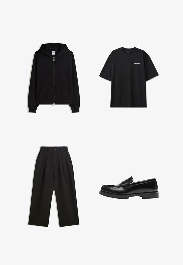 Sweat à capuche noir zippé avec poches avant, poignets et ourlet élastiques, et une petite étiquette visible à l'intérieur de l'encolure.; T-shirt noir à manches courtes avec col rond et petit logo blanc « PEGADOR » sur le côté gauche de la poitrine.; Pantalons noirs à coupe décontractée, avec des plis à l'avant, des poches latérales et une fermeture à bouton. Fabriqués en tissu texturé.; Mocassin en cuir noir avec une semelle en caoutchouc épaisse et un détail classique de bride à monnaie, vu de côté extérieur.